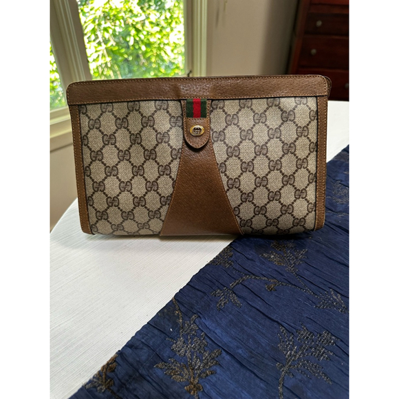Gucci Beige Brown Coated Canvas Medium Clutch - Picture 1 of 14
